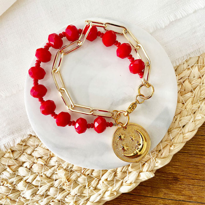 Pulsera roja doble con luna dorada