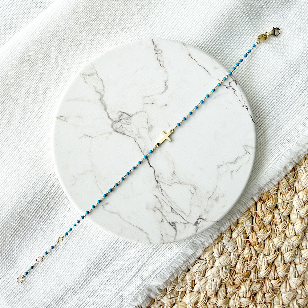Pulsera Cruz Pipos Turquesa